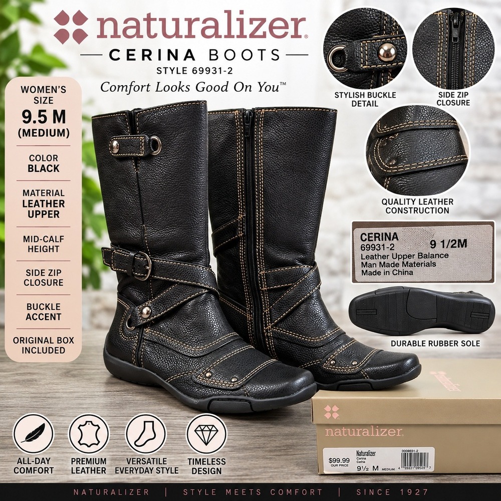 Naturalizer Cerina Black Leather Mid-Calf Boots 69931-2 Womens 9.5 M Buckle Zip